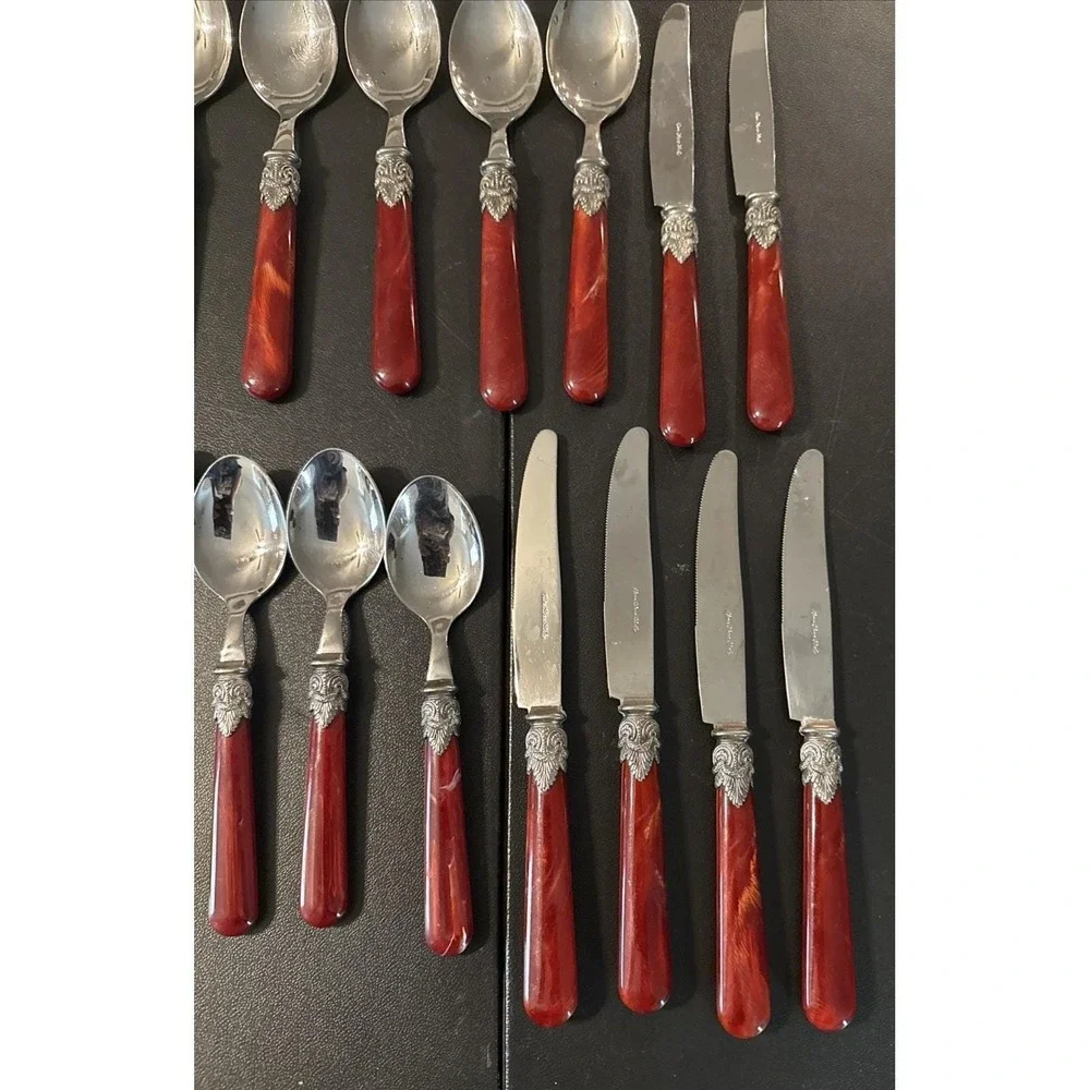 EME Napoleon Pearl Red Stainless Steel 33 Pieces Italy Flatware